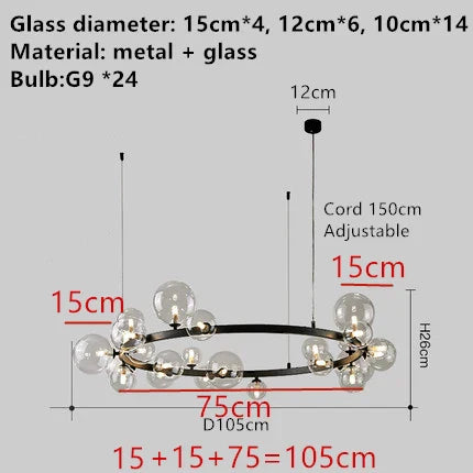 Modern LED Glass Chandelier with Adjustable Cord - 24-Black-Clear / Cold White - Chandelier