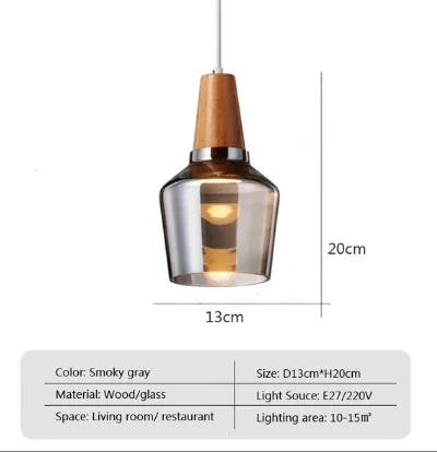 Smoky gray pendant lights with wooden top glass shade and metallic accent for modern indoor warm lighting