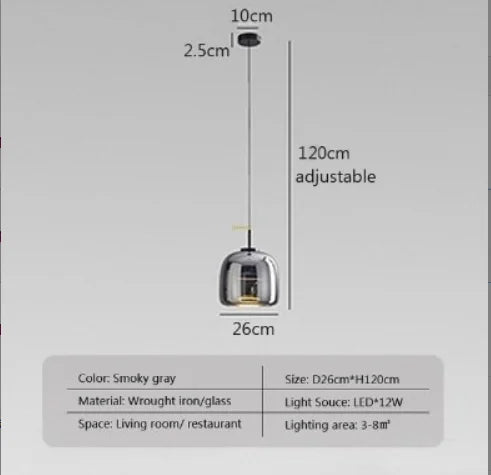 Smoky gray wrought iron and glass modern LED pendant lights with adjustable 120cm length for indoor use