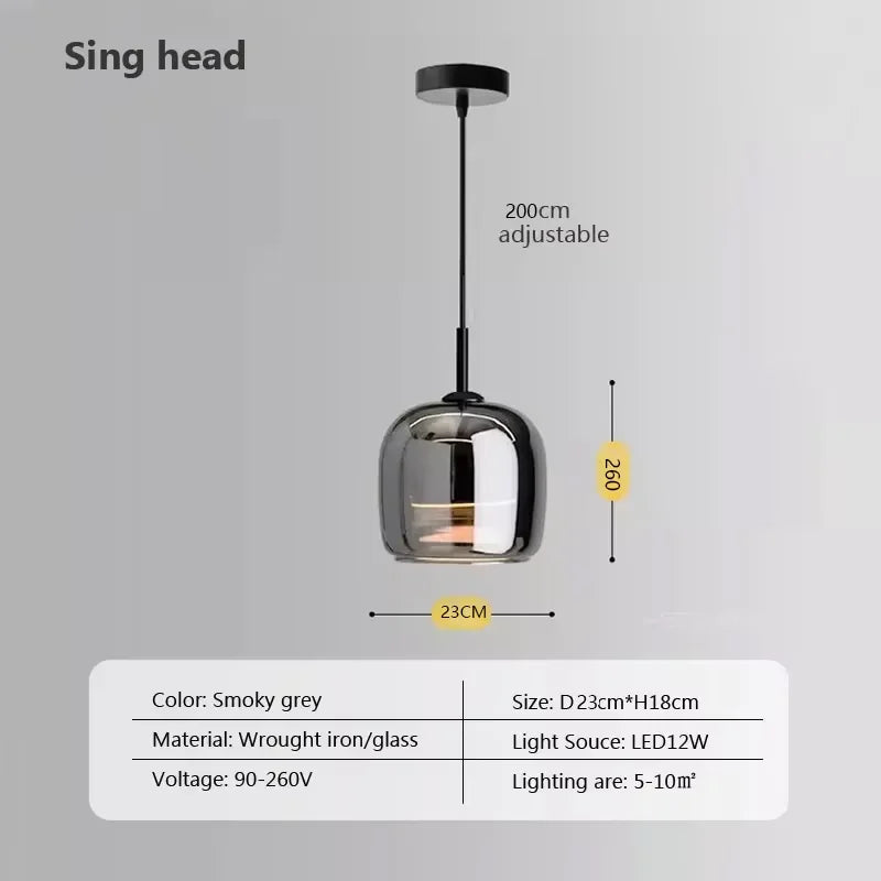Modern led pendant lights with smoky grey rounded glass globe and wrought iron fixture for indoor warm lighting