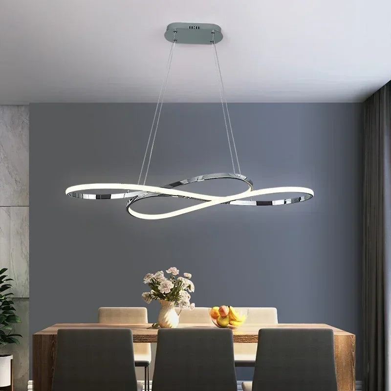 Modern led infinity-shaped chandelier with sleek chrome finish and remote dimming for dining room decor