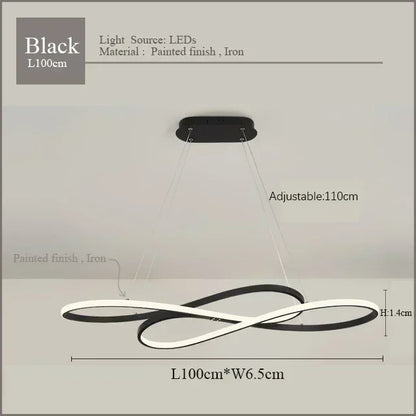 Black infinity-shaped modern led pendant light with painted iron finish and remote dimming for kitchen island decor