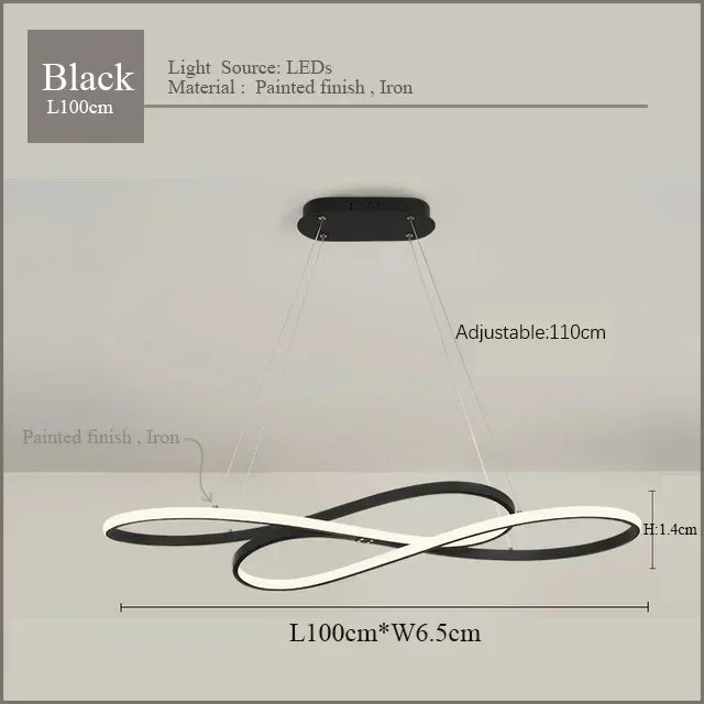 Black infinity-shaped modern led pendant light with painted iron finish and remote dimming for kitchen island decor