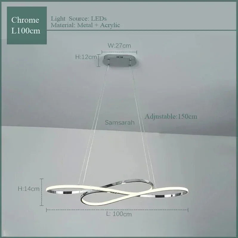 Modern led chrome infinity loop pendant light with remote dimming, crafted from metal and acrylic for dining rooms