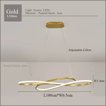 Gold-finished modern led chandelier with elegant intertwined ring design featuring remote dimming for dining room decor