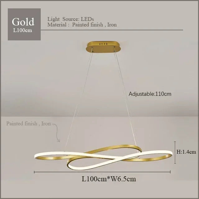 Gold-finished modern led chandelier with elegant intertwined ring design featuring remote dimming for dining room decor