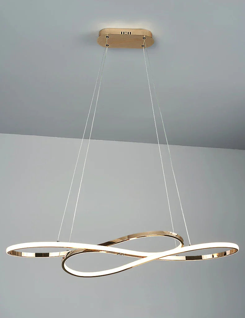 Gold-finished modern led infinity loop chandelier with remote dimming for dining room and kitchen island decor
