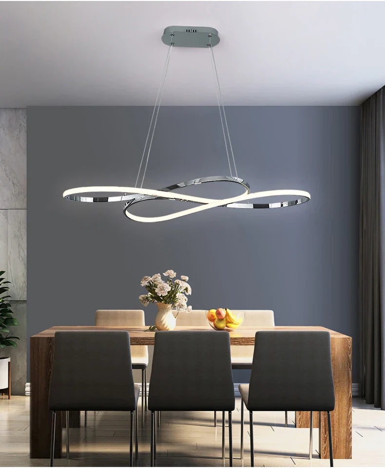 Modern led infinity-shaped chandelier with remote dimming chrome finish illuminated white light bands for kitchen island