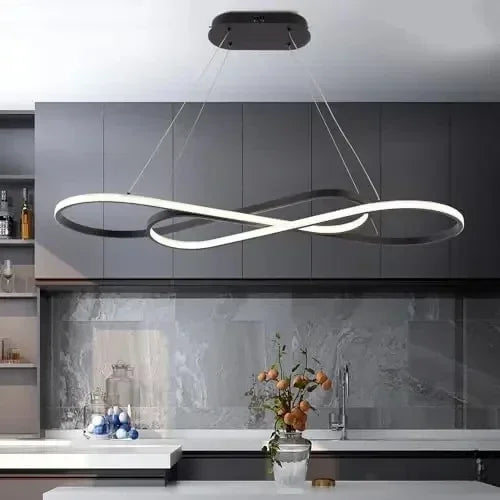 Modern led infinity-shaped chandelier with black and white electroplated rings features remote dimming for dining room lighting