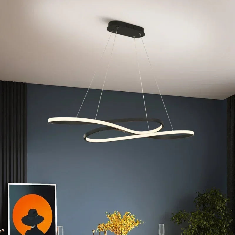 Modern black and white led chandelier with elegant infinity loop design and remote dimming for dining room decor
