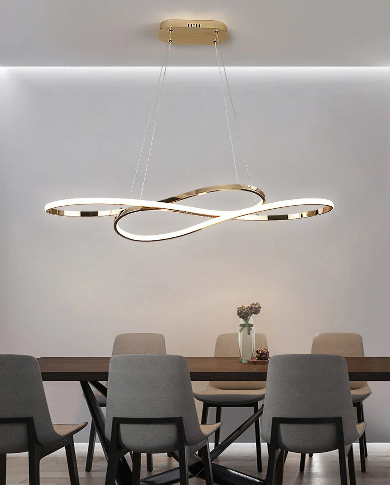 Modern led gold-toned infinity-shaped electroplated chandelier with remote dimming for dining room and kitchen island decor