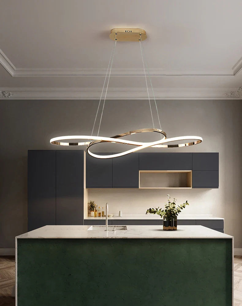 Modern led infinity-loop pendant light with sleek gold electroplated frame and remote dimming for dining room decor