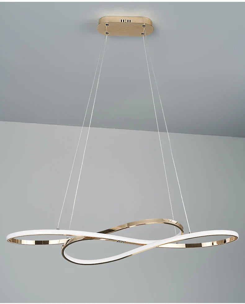 Modern led infinity-shaped pendant light with sleek gold electroplated finish and remote dimming for dining room decor