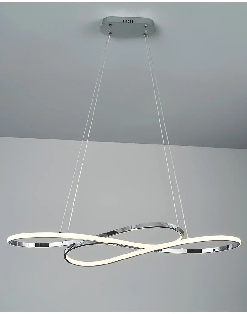 Modern led chrome and white infinity loop pendant light fixture with remote dimming for dining room and kitchen island decor