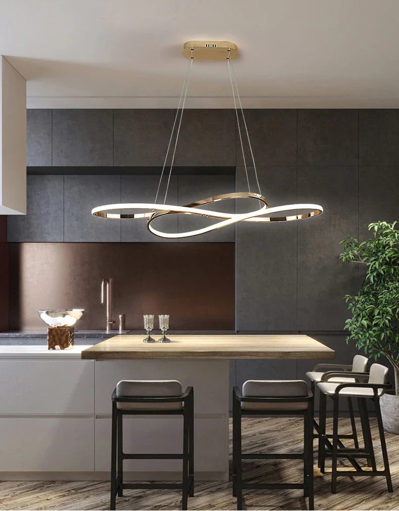 Modern led infinity-loop pendant light with gold electroplated metal frame and remote dimming for dining room decor