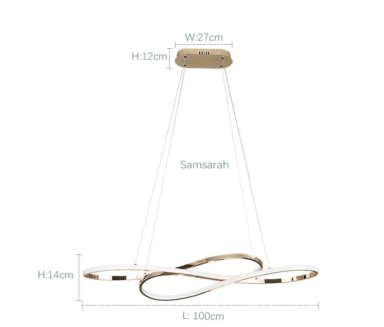 Modern LED infinity-loop pendant light with remote dimming feature electroplated chrome for dining room decor