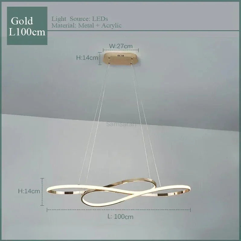 Gold infinity loop pendant light made of metal and acrylic with modern led remote dimming for dining room decor