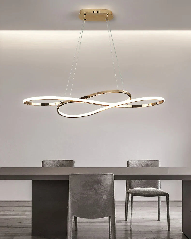 Modern led infinity-shaped pendant light with sleek gold electroplated design and remote dimming for dining room decor