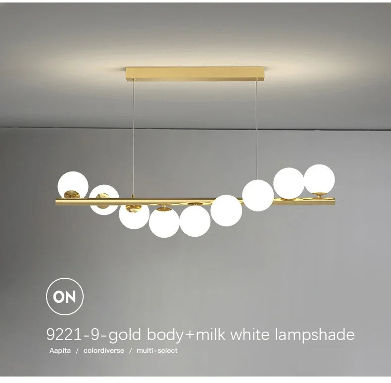 Modern led long ceiling chandelier with gold-toned sleek bar and milk white glass spherical lampshades for dining room