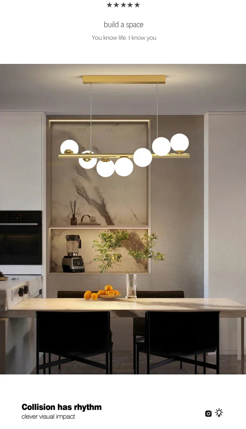 Modern led ceiling chandelier with gold-toned metal and multiple white glass spherical bulbs in a linear design