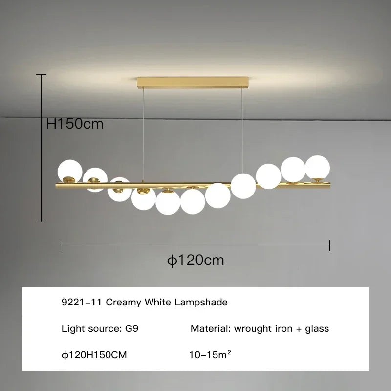 Modern led long ceiling chandelier with gold-toned wrought iron frame and creamy white glass spherical lampshades