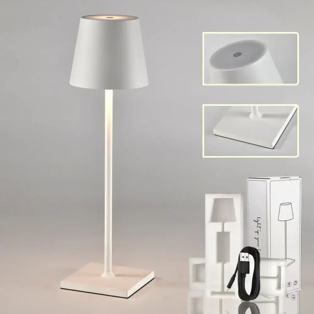 White minimalist modern led mosaic table lamp with a cylindrical shade and wireless charger for bedroom use