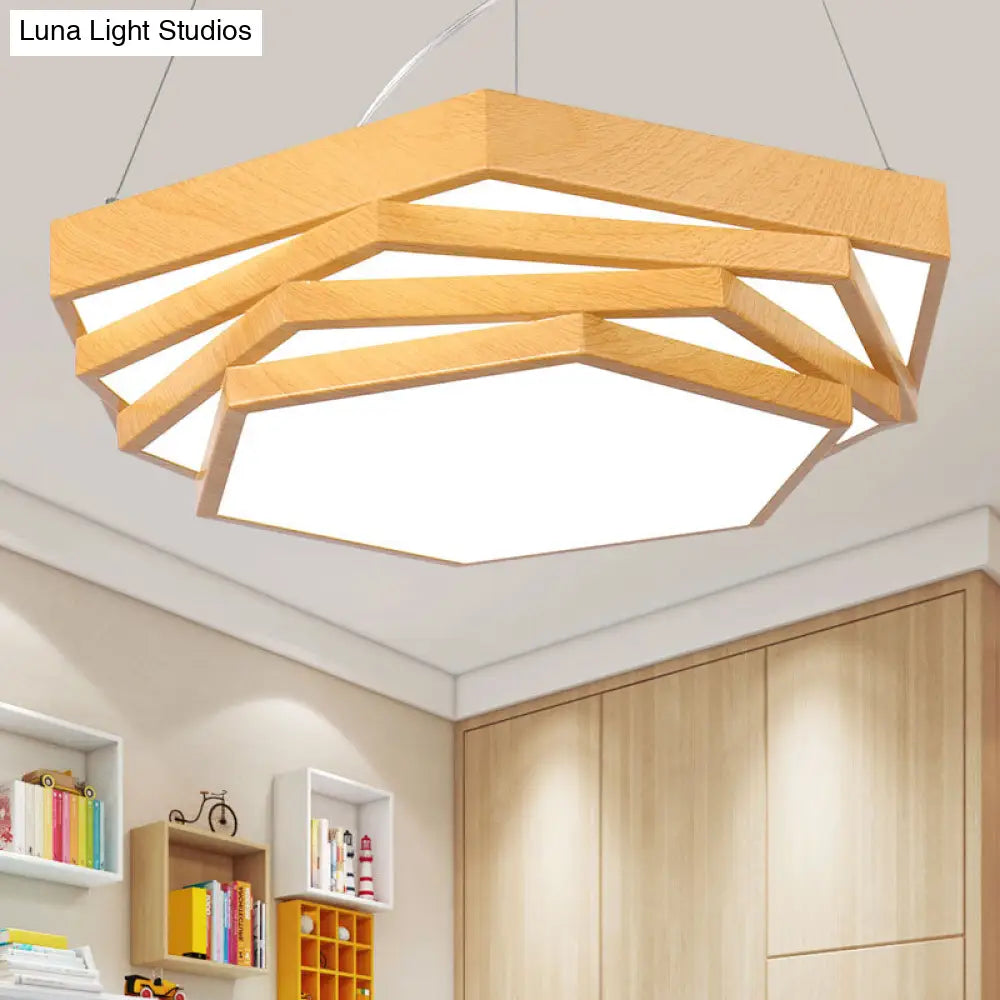 Modern LED Office Chandelier in Light Wood with Spiral Hexagon Acrylic Suspension Lighting