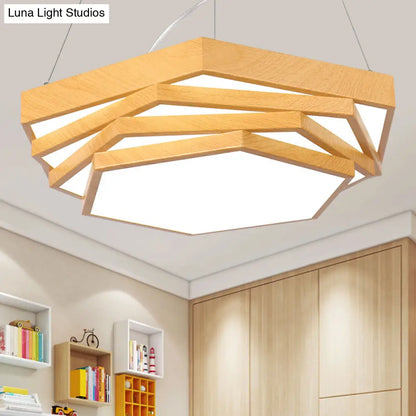 Modern LED Office Chandelier in Light Wood with Spiral Hexagon Acrylic Suspension Lighting