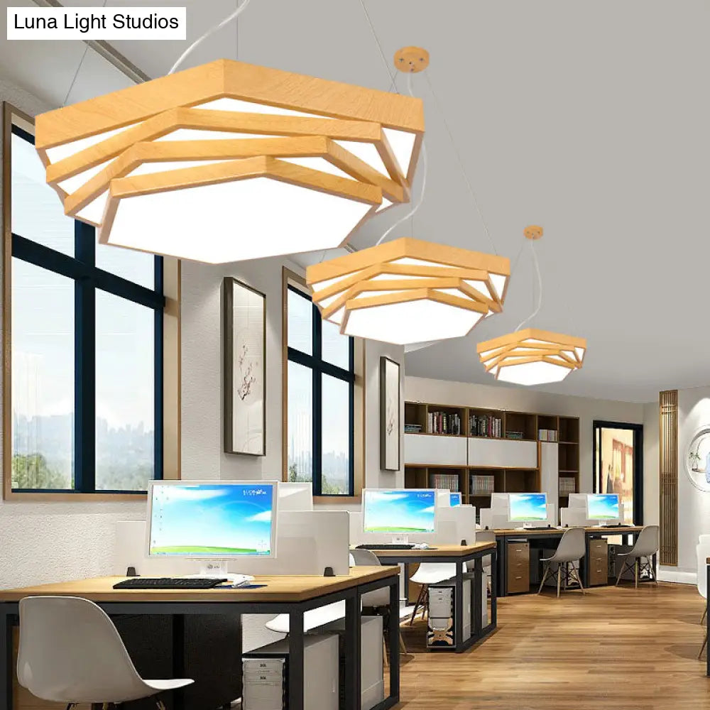 Modern LED Office Chandelier in Light Wood with Spiral Hexagon Acrylic Suspension Lighting