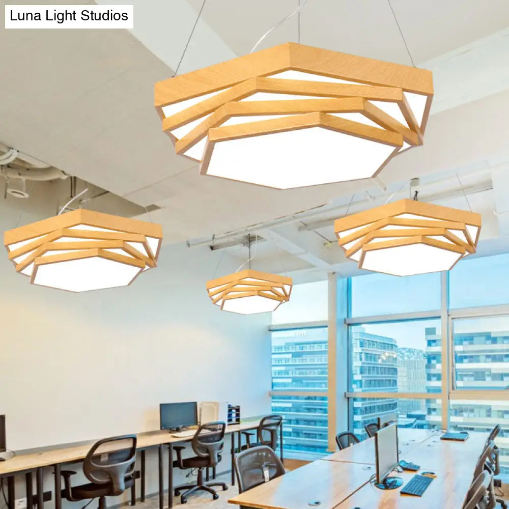 Modern LED Office Chandelier in Light Wood with Spiral Hexagon Acrylic Suspension Lighting
