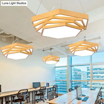 Modern LED Office Chandelier in Light Wood with Spiral Hexagon Acrylic Suspension Lighting