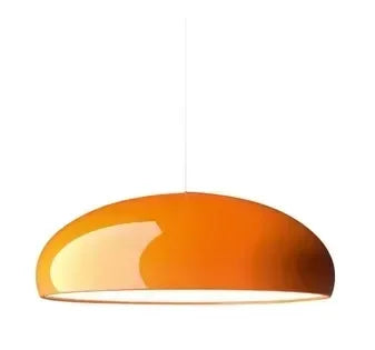 Orange dome-shaped pendant light with glossy finish made of round aluminum for modern dining table decor