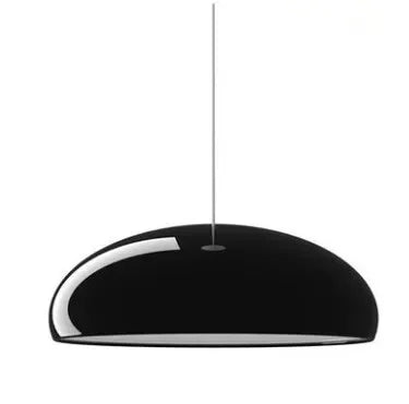 Black glossy dome-shaped pendant light with sleek chrome suspension cable and round aluminum lampshade for modern decor