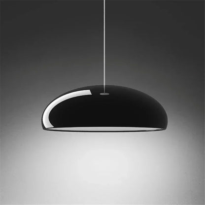 Black dome-shaped pendant light with sleek glossy finish and round aluminum lampshade for modern room decor