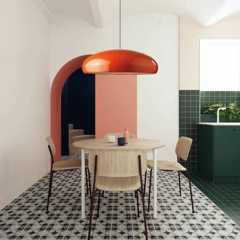 Vibrant orange mushroom-shaped pendant light with glossy finish round aluminum lampshade for modern room decor