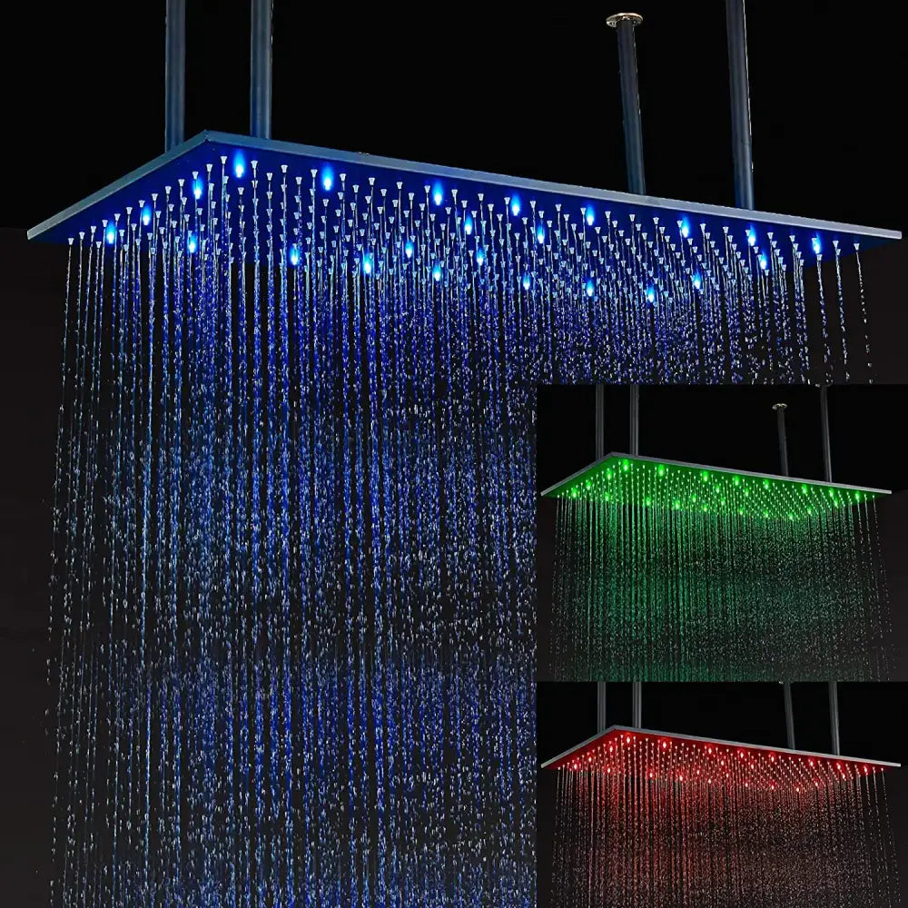 Modern led rainfall shower head with sleek metallic frame and vibrant blue illuminated cascading water streams