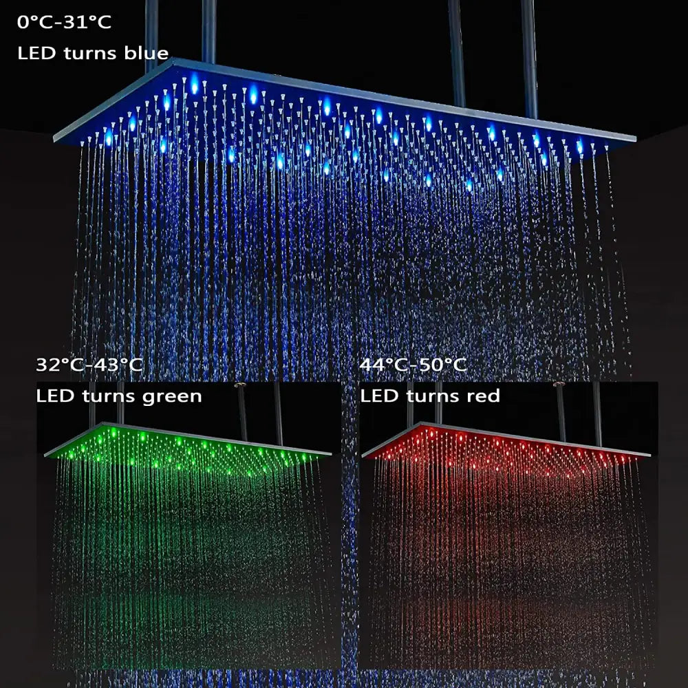 Modern led rainfall shower head with rectangular design and color changing led lighting indicating water temperature ranges