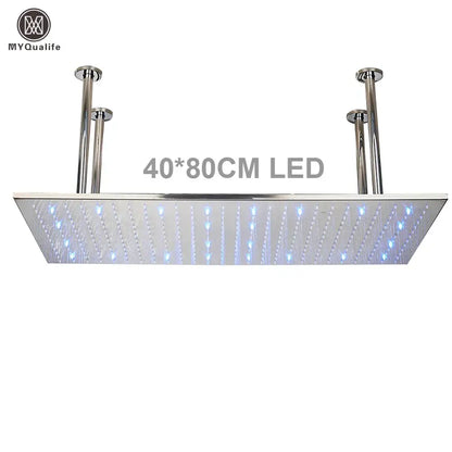 Modern led rainfall shower head stainless steel rectangular with blue illuminated lights and chrome mounting rods