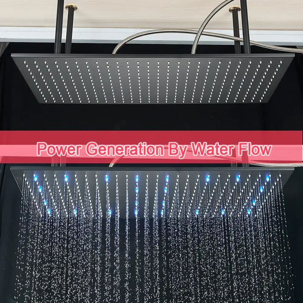 Modern black square rainfall shower head with integrated blue led lights and multiple water jets for luxury bathroom use