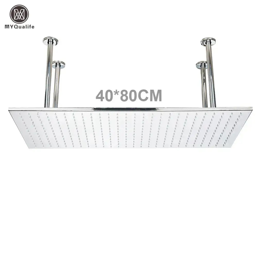 Modern led rainfall shower head with chrome finish rectangular design and evenly spaced water jets for luxury bathroom use