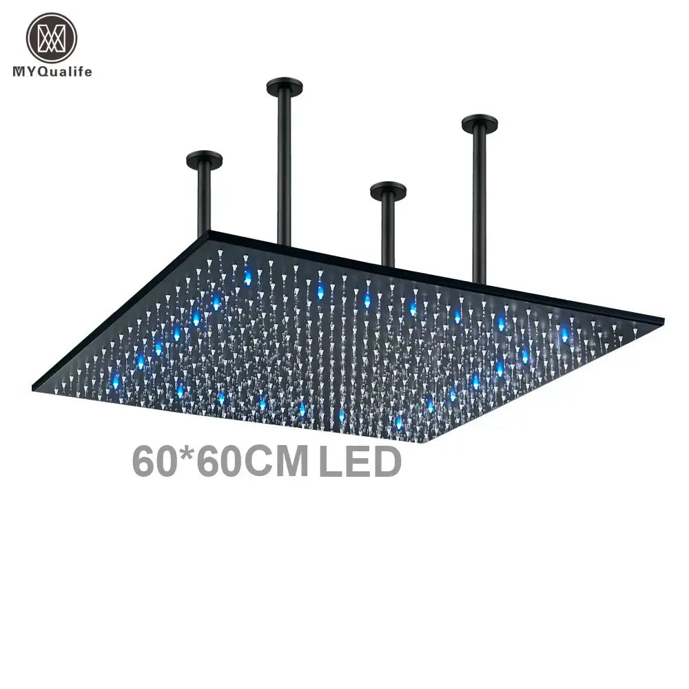 Modern black 60cm led rainfall shower head with blue illuminated spray nozzles for luxury bathroom use