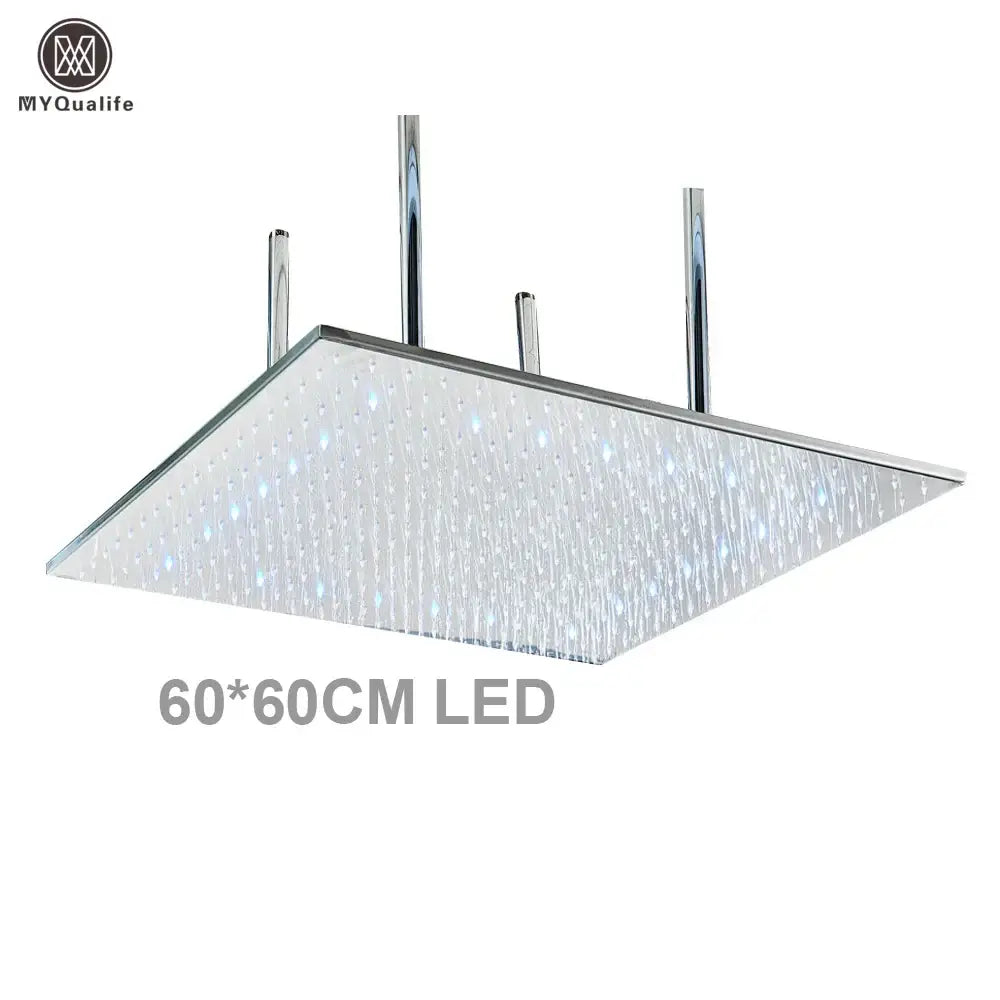 Modern 60cm square chrome-finished led rainfall shower head with embedded water jets and sleek luxury design