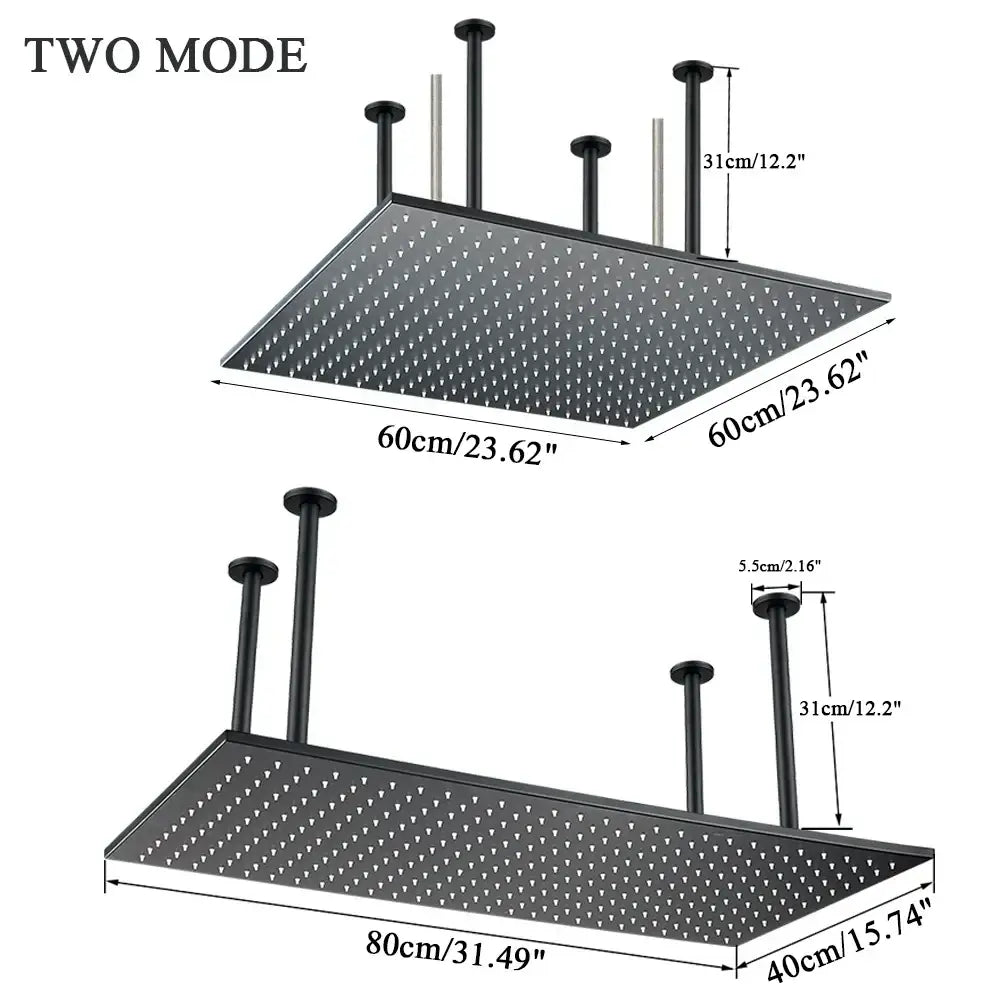 Black matte finished modern led rainfall shower head with square design and adjustable height mounting arms for luxury bathrooms