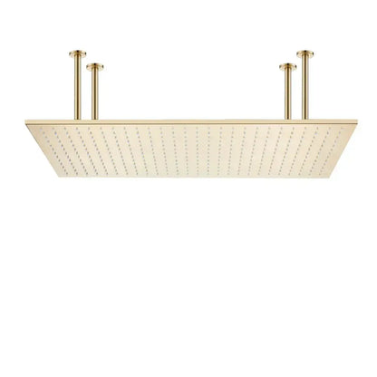 Gold-toned rectangular rainfall shower head with sleek design and multiple spray holes for modern led rainfall shower use