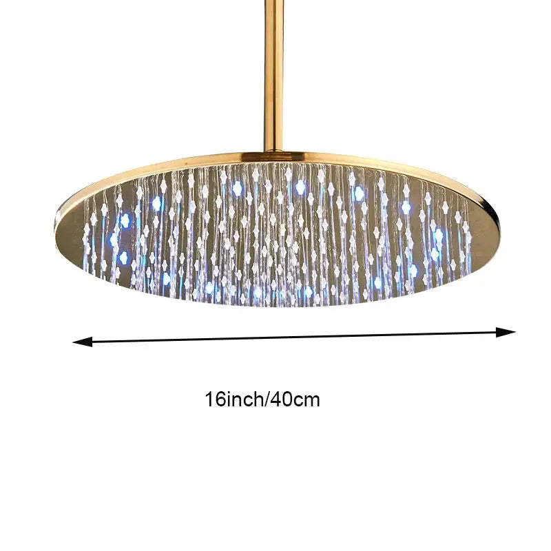 A 16-inch round gold shower head with led lights and crystal droplet design in a metal frame