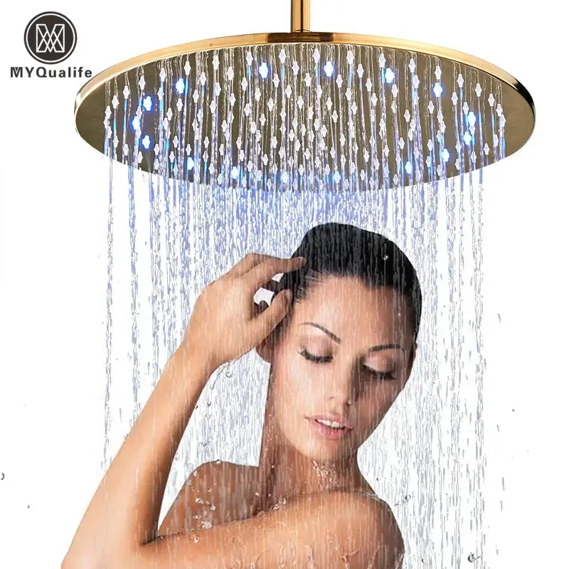 Modern led round gold shower head with blue led lights and crystal droplet design for bathroom use