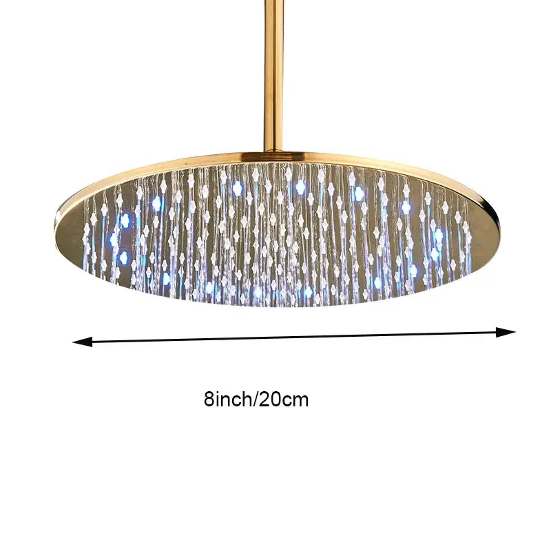 Modern led round gold shower head with blue led lights and crystal droplet design for elegant bathroom decor
