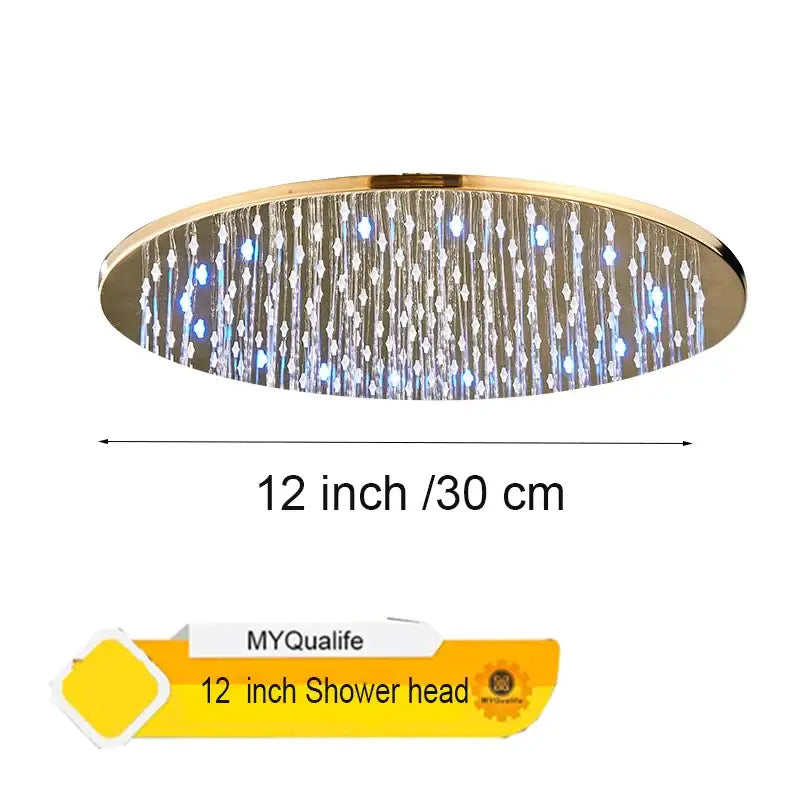 Modern led round gold shower head with embedded blue led lights and cascading crystal-like water streams