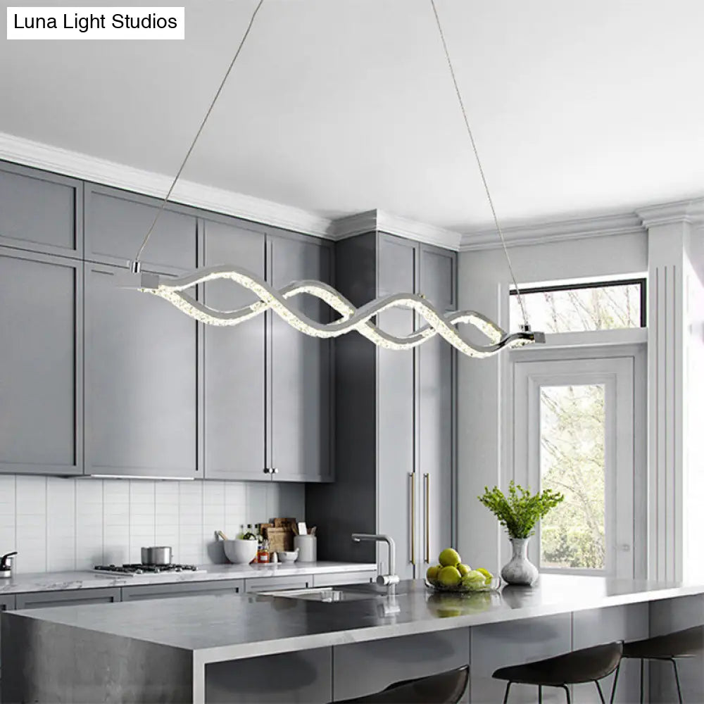 Lámpara de techo colgante moderna LED plateada con forma de espiral de cristal - Iluminación para comedor