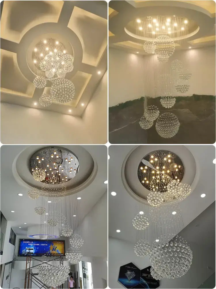 A modern led spiral crystal ball chandelier with clear faceted glass beads by decorbites crystal for elegant lighting